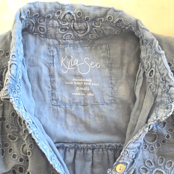 🏷️ANTHROPOLOGIE KYLA SEO Caite Palma Eyelet Midi Dress in Bluestone Size S/M - Picture 8 of 14